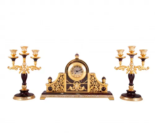 Дорогой Набор каминный из яшмы (Часы, 2  канделябра) 0З-00002564 (10)